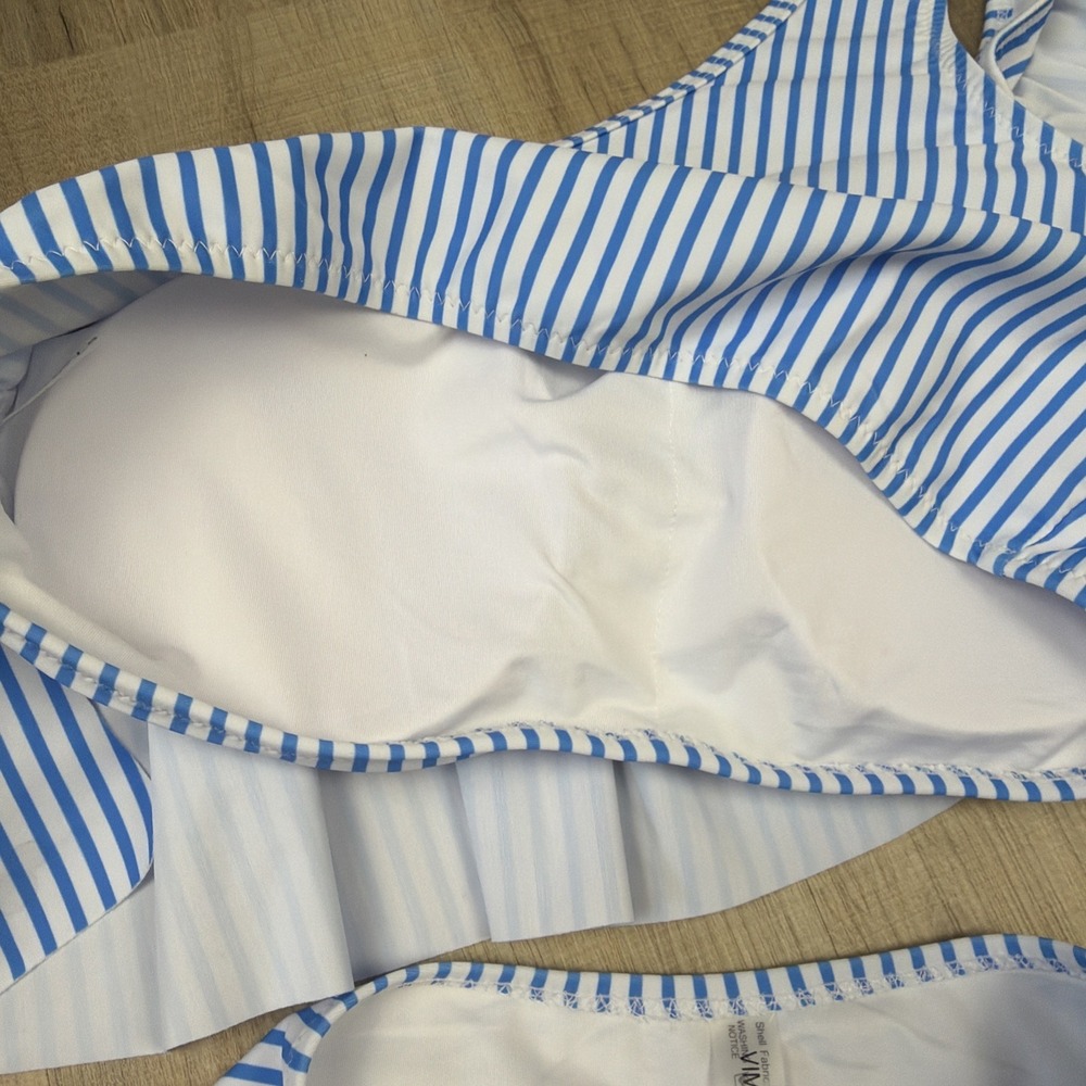 Women's Bikini Set Small NWOT Blue White Stripe One Shoulder Ruffle High Waist - Picture 4 of 7